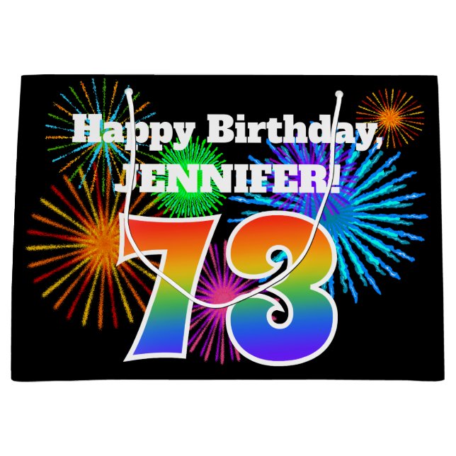 Fun Fireworks + Rainbow Pattern "73" Birthday # Large Gift Bag (Front)