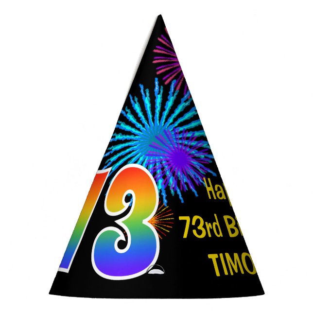 Fun Fireworks + Rainbow Pattern "73" Birthday # Party Hat (Left)