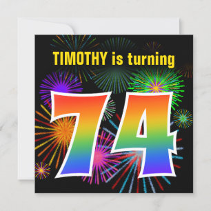 Fun Fireworks + Rainbow Pattern "74" Birthday # Invitation