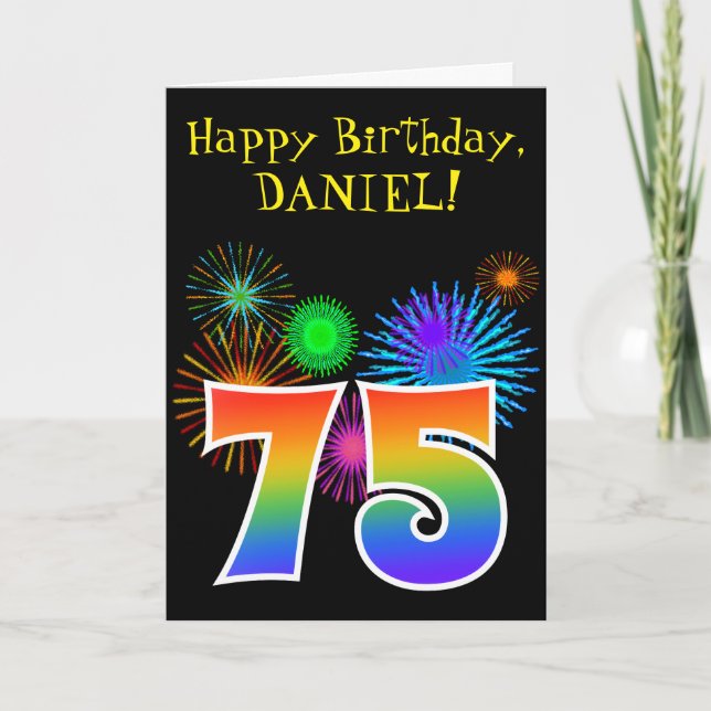 Fun Fireworks + Rainbow Pattern "75" Birthday # Card (Front)