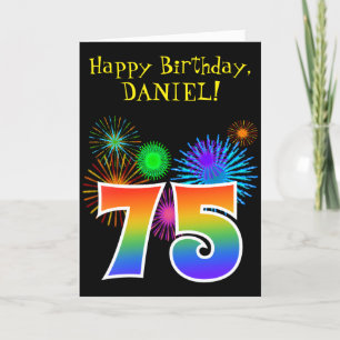 Fun Fireworks + Rainbow Pattern "75" Birthday # Card