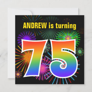 Fun Fireworks + Rainbow Pattern "75" Birthday # Invitation