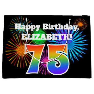 Fun Fireworks + Rainbow Pattern "75" Birthday # Large Gift Bag