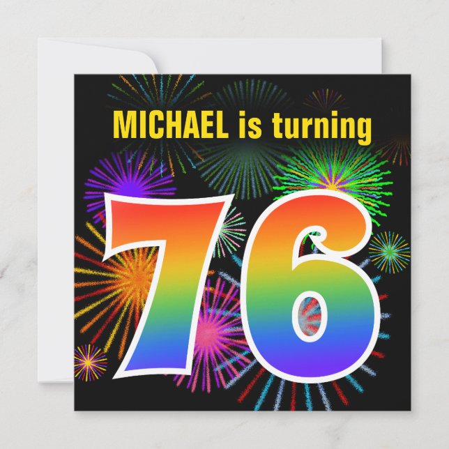 Fun Fireworks + Rainbow Pattern "76" Birthday # Invitation (Front)