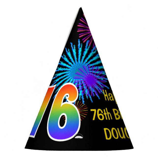 Fun Fireworks + Rainbow Pattern "76" Birthday # Party Hat (Left)
