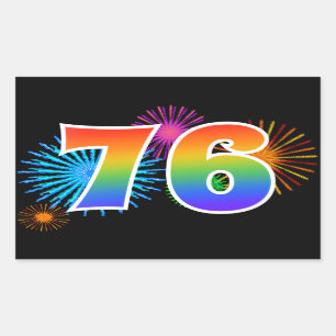 Fun Fireworks + Rainbow Pattern "76" Event Number Rectangular Sticker