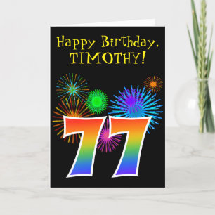 Fun Fireworks + Rainbow Pattern "77" Birthday # Card