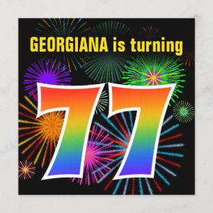 Fun Fireworks + Rainbow Pattern "77" Birthday # Invitation