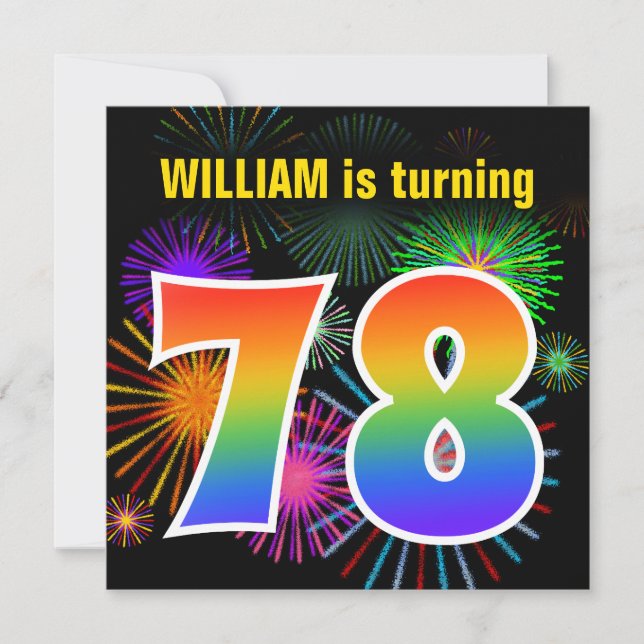 Fun Fireworks + Rainbow Pattern "78" Birthday # Invitation (Front)
