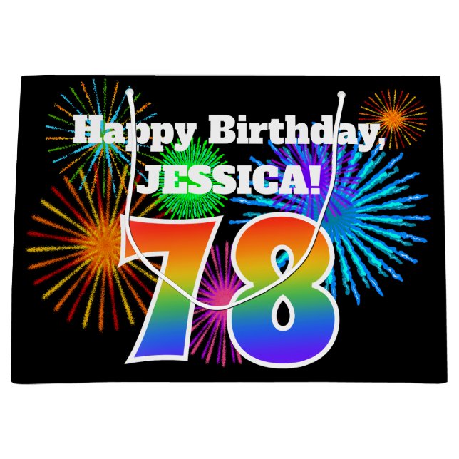 Fun Fireworks + Rainbow Pattern "78" Birthday # Large Gift Bag (Front)