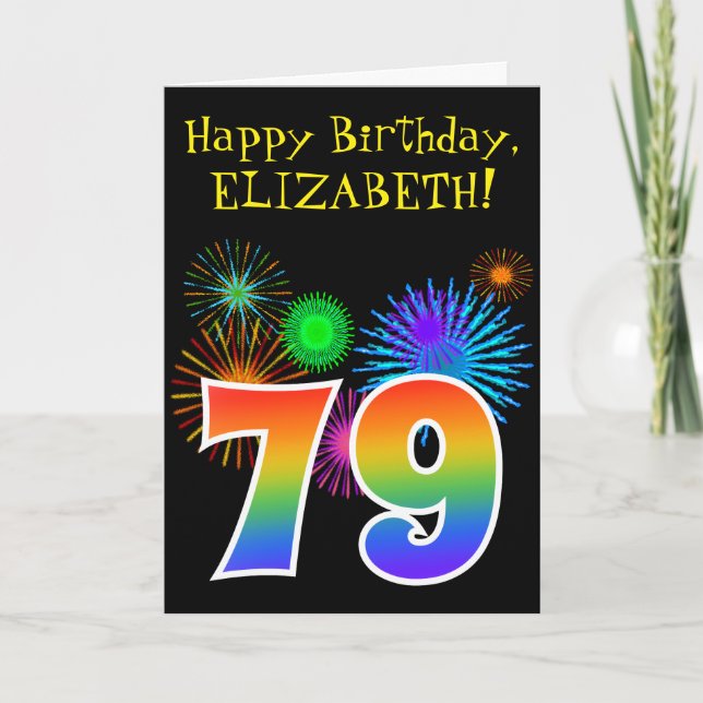 Fun Fireworks + Rainbow Pattern "79" Birthday # Card (Front)