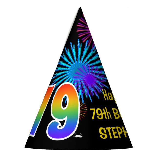 Fun Fireworks + Rainbow Pattern "79" Birthday # Party Hat (Left)