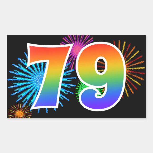 Fun Fireworks + Rainbow Pattern "79" Event Number Rectangular Sticker (Front)