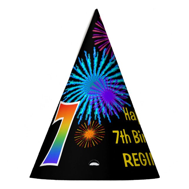 Fun Fireworks + Rainbow Pattern "7" Birthday # Party Hat (Left)