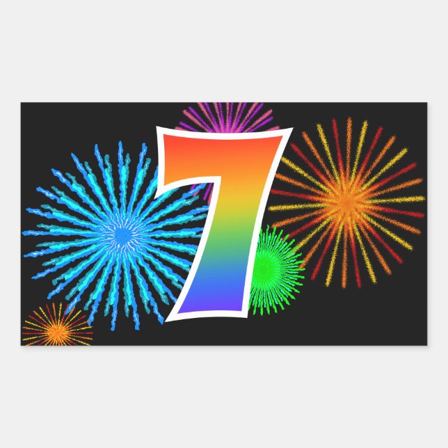 Fun Fireworks + Rainbow Pattern "7" Event Number Rectangular Sticker (Front)