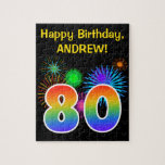 Fun Fireworks   Rainbow Pattern "80" Birthday # Jigsaw Puzzle<br><div class="desc">This fun, vibrant puzzle design features a colorful pattern inspired by celebratory fireworks, along with the number "80" featuring a multicolored rainbow like gradient pattern, on a black colored background. It also features a customizable name and event message, such as a birthday greeting. A puzzle like this might be a...</div>