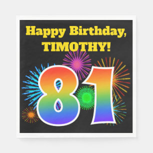 Fun Fireworks + Rainbow Pattern "81" Birthday # Napkin
