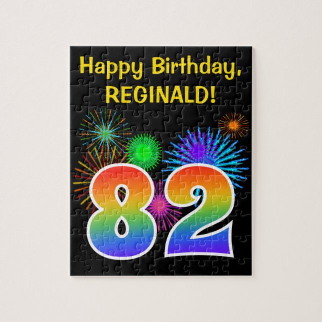 Fun Fireworks + Rainbow Pattern "82" Birthday # Jigsaw Puzzle (Vertical)