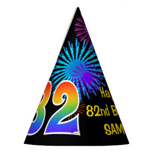 Fun Fireworks + Rainbow Pattern "82" Birthday # Party Hat