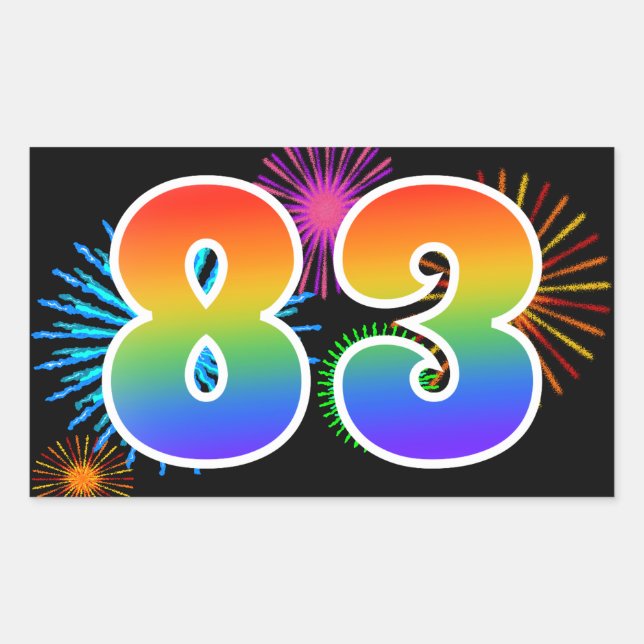 Fun Fireworks + Rainbow Pattern "83" Event Number Rectangular Sticker (Front)