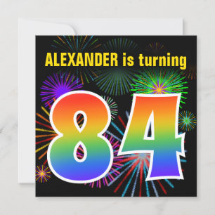 Fun Fireworks + Rainbow Pattern "84" Birthday # Invitation