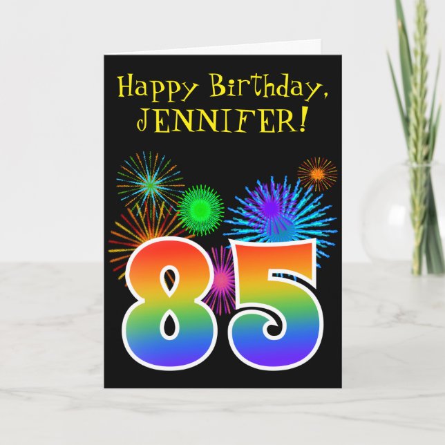 Fun Fireworks + Rainbow Pattern "85" Birthday # Card (Front)
