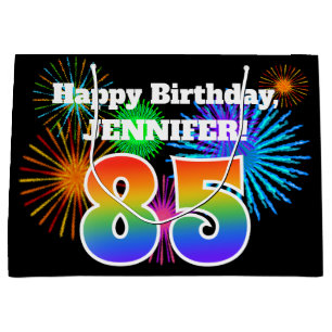 Fun Fireworks + Rainbow Pattern "85" Birthday # Large Gift Bag