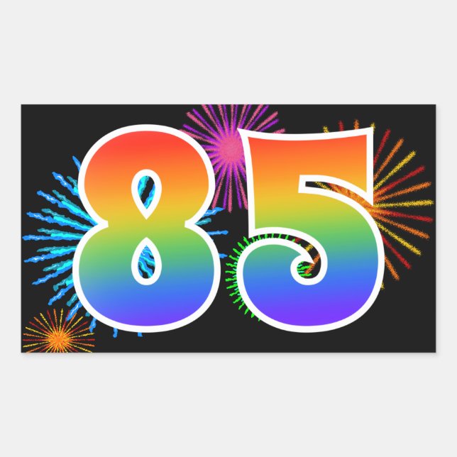 Fun Fireworks + Rainbow Pattern "85" Event Number Rectangular Sticker (Front)