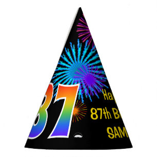 Fun Fireworks + Rainbow Pattern "87" Birthday # Party Hat