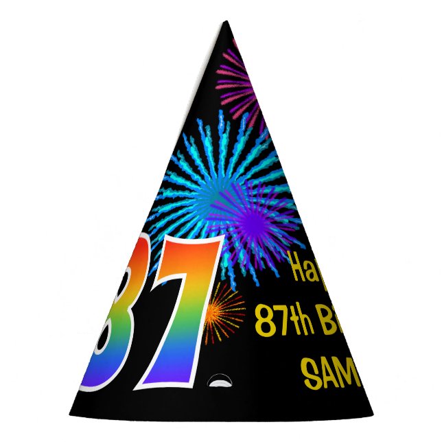 Fun Fireworks + Rainbow Pattern "87" Birthday # Party Hat (Left)