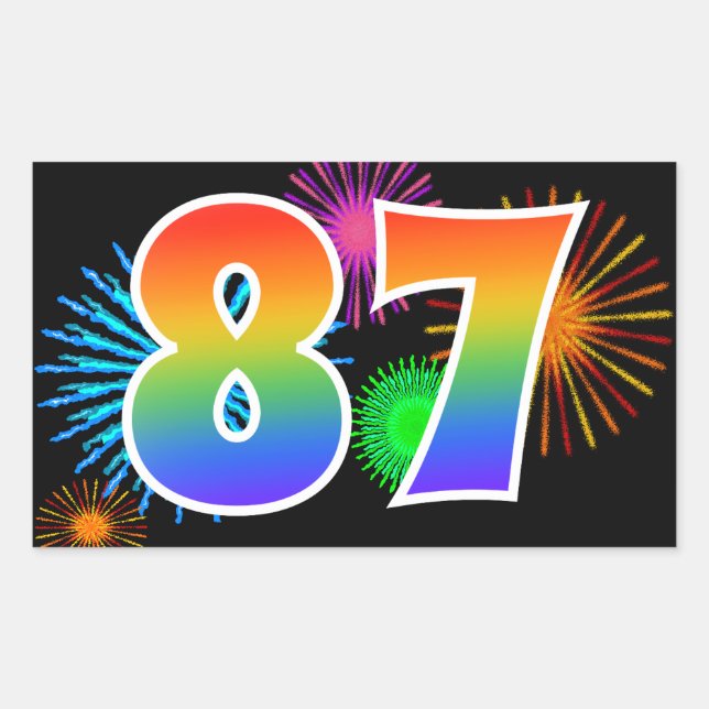 Fun Fireworks + Rainbow Pattern "87" Event Number Rectangular Sticker (Front)