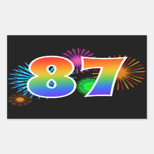 Fun Fireworks + Rainbow Pattern "87" Event Number Rectangular Sticker
