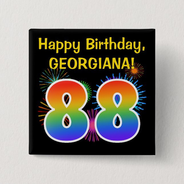 Fun Fireworks + Rainbow Pattern "88" Birthday # 15 Cm Square Badge (Front)