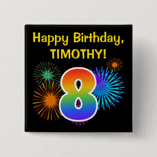 Fun Fireworks + Rainbow Pattern "8" Birthday # 15 Cm Square Badge