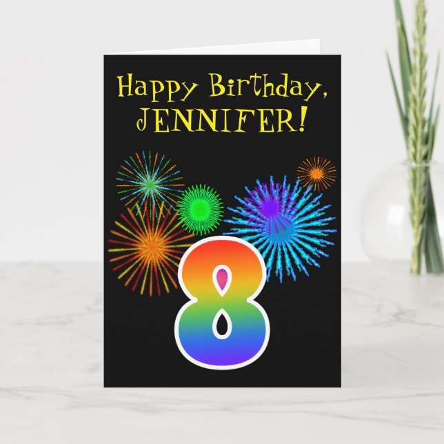 Fun Fireworks + Rainbow Pattern "8" Birthday # Card (Front)