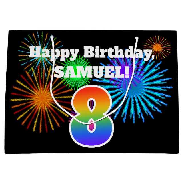 Fun Fireworks + Rainbow Pattern "8" Birthday # Large Gift Bag (Front)