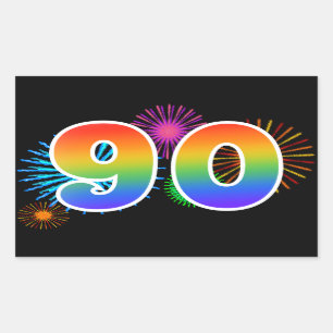 Fun Fireworks + Rainbow Pattern "90" Event Number Rectangular Sticker