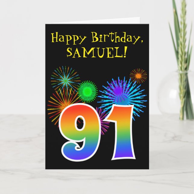 Fun Fireworks + Rainbow Pattern "91" Birthday # Card (Front)