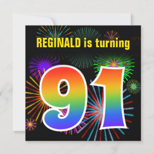 Fun Fireworks + Rainbow Pattern "91" Birthday # Invitation