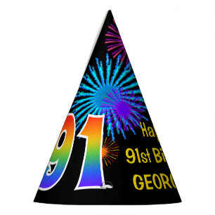 Fun Fireworks + Rainbow Pattern "91" Birthday # Party Hat