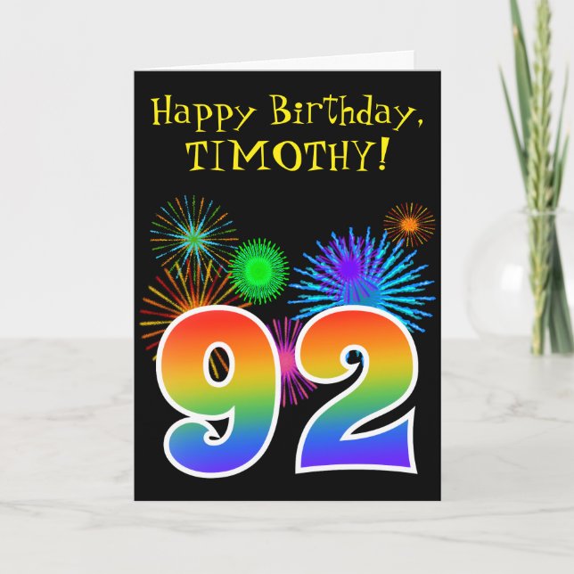 Fun Fireworks + Rainbow Pattern "92" Birthday # Card (Front)