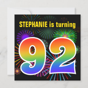 Fun Fireworks + Rainbow Pattern "92" Birthday # Invitation
