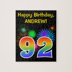 Fun Fireworks + Rainbow Pattern "92" Birthday # Jigsaw Puzzle