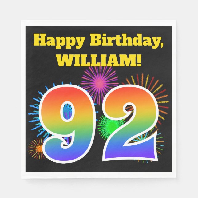 Fun Fireworks + Rainbow Pattern "92" Birthday # Napkin (Front)