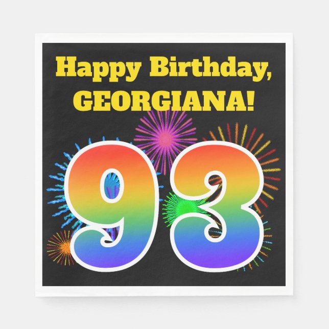 Fun Fireworks + Rainbow Pattern "93" Birthday # Napkin (Front)