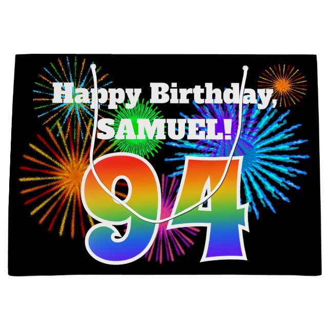 Fun Fireworks + Rainbow Pattern "94" Birthday # Large Gift Bag (Front)