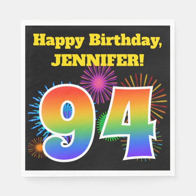 Fun Fireworks + Rainbow Pattern "94" Birthday # Napkin (Front)