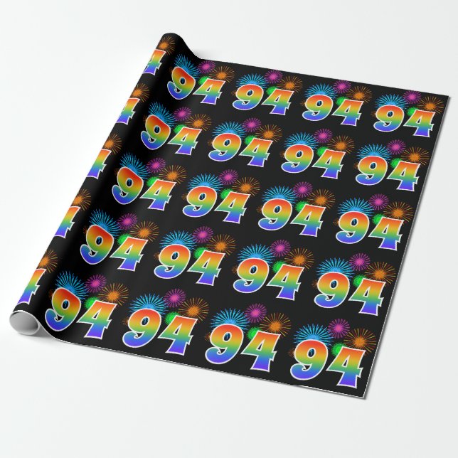 Fun Fireworks + Rainbow Pattern "94" Event Number Wrapping Paper (Unrolled)
