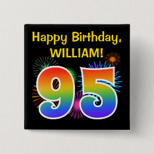 Fun Fireworks + Rainbow Pattern "95" Birthday # 15 Cm Square Badge