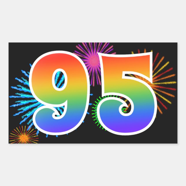 Fun Fireworks + Rainbow Pattern "95" Event Number Rectangular Sticker (Front)
